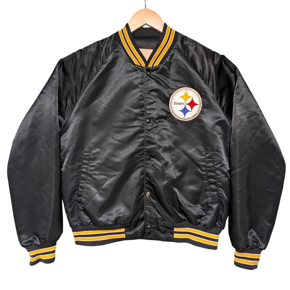 VTG Pittsburgh Steelers Satin Bomber Jacket Black Yellow Mens Medium NFL